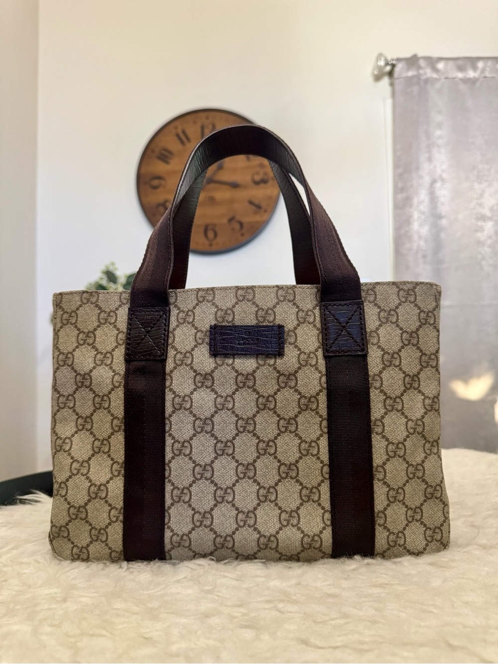 Gucci Beige GG Canvas Tote with Dark Brown Straps